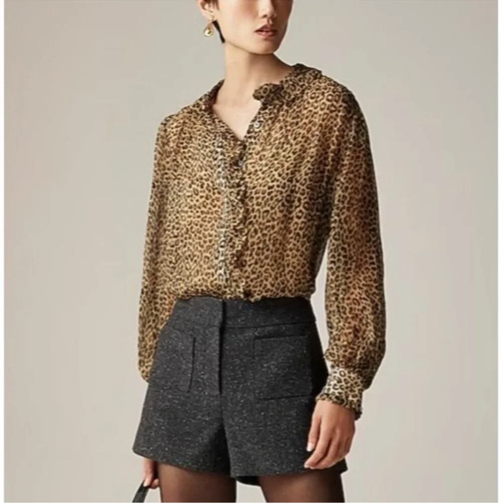 J Crew Ruffle Button Up Sheer Cheetah Blouse Cami 2 P Set Size 8 $148 EUC KL